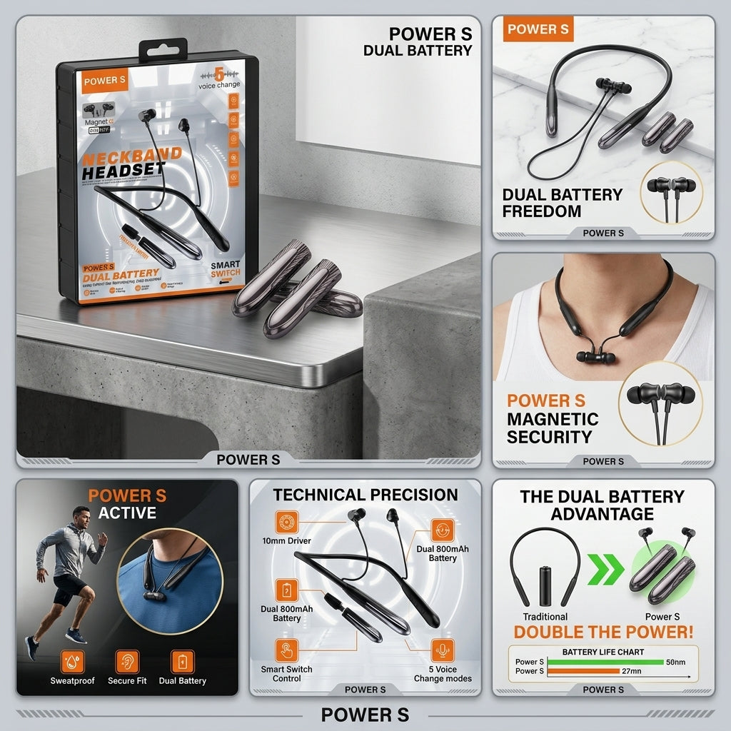 POWER S Dual Battery Wireless Neckband – 80H Playtime, Voice Changer & HD Bass