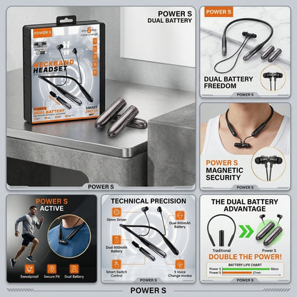 POWER S Dual Battery Wireless Neckband – 80H Playtime, Voice Changer & HD Bass