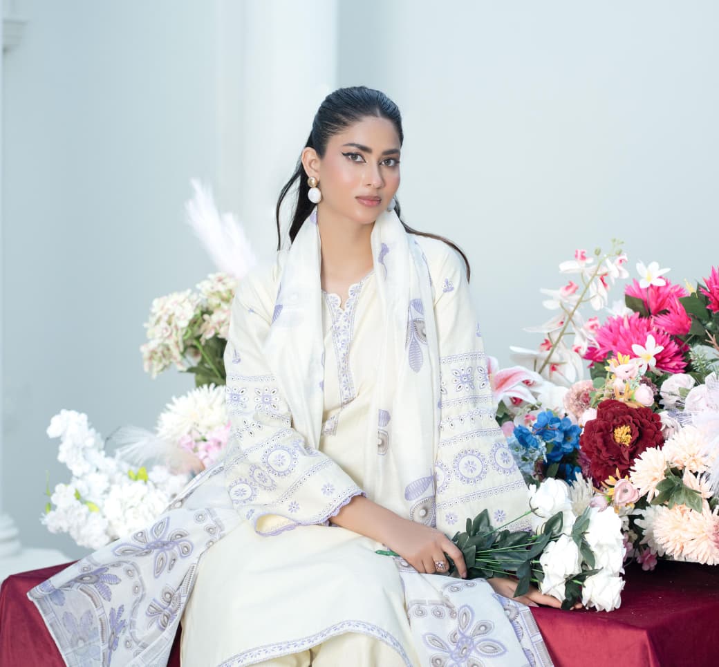 Elegance in Bloom – Cream &amp; Lavender Embroidered Lawn Suit (3-Piece)