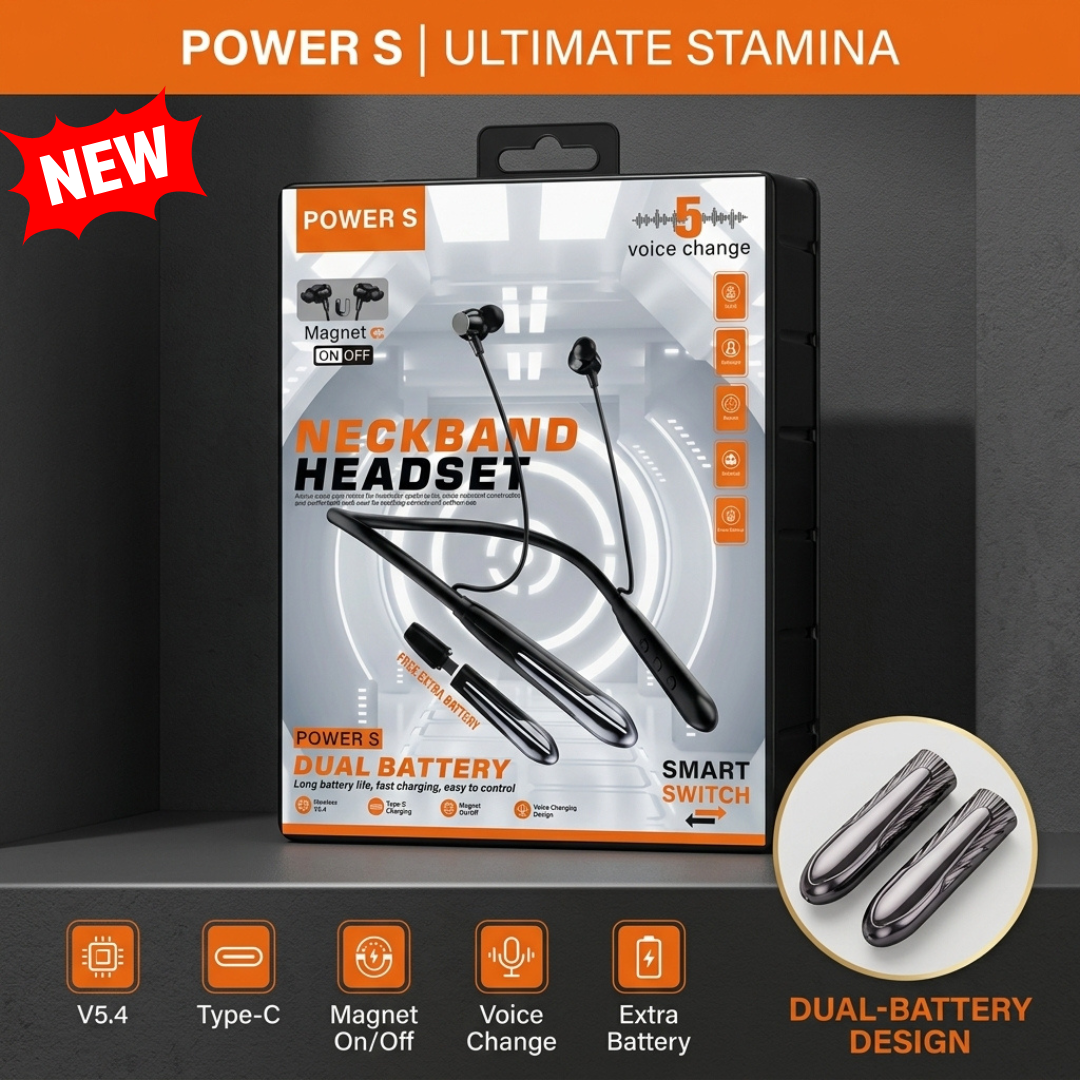POWER S Dual Battery Wireless Neckband – 80H Playtime, Voice Changer & HD Bass