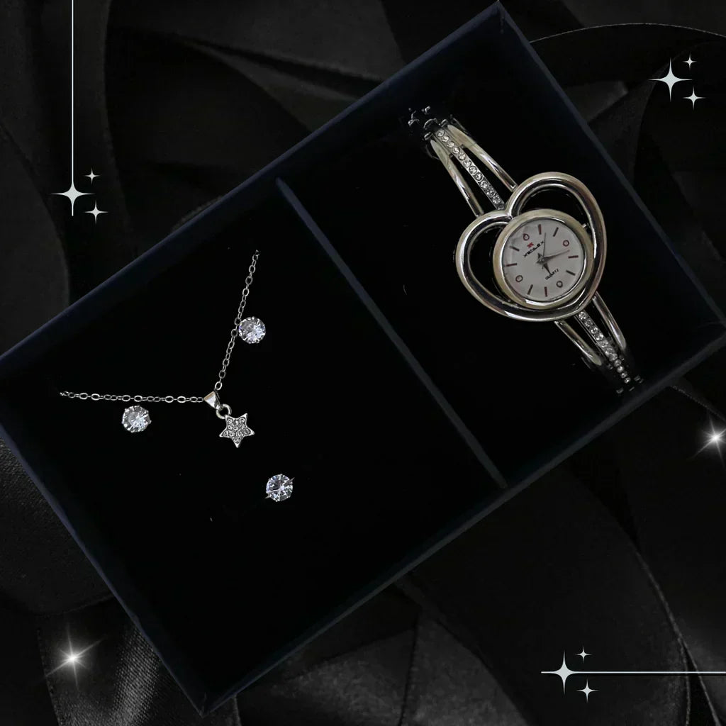 😍 5 pcs heart watch set with silver ring, necklace, earrings Casual Ladies watch set
